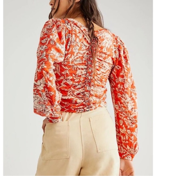 Free People Say the Word Floral Rushed Top Ruby Red Orange S - Picture 3 of 8